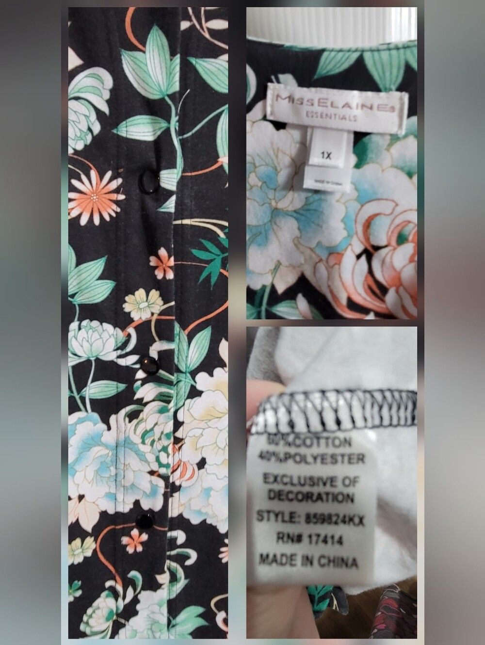 Miss Elaine Essentials Floral Button-Front Robe-Size 1X plus Gift Included. - Picture 6 of 12